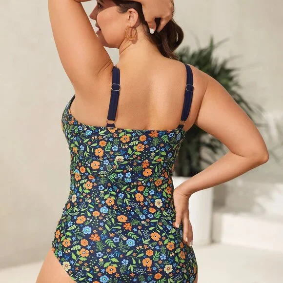 BloomChic 3X (22–24) Indigo Floral Ruffle Trim One-Piece Swimsuit NWT - Picture 3 of 10